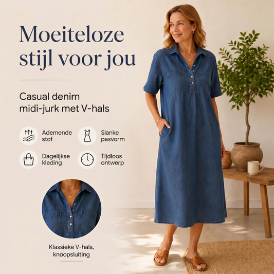 TOP TREND🌈💙 Tencel Denim Midi Jurk, Koele Zijdezachte Stof, Verbergt Lichaamsoneffenheden
