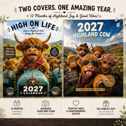 🐮📅【50% KORTING】Hooglandkoeien Kalender 2027 – Schattige Pluizige Koeien & Grappige Citaten | Vrolijke Wanddecoratie voor Thuis ✨