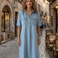 ✨TOP TREND🌈💙 Tencel Denim Midi Jurk, Koele Zijdezachte Stof, Verbergt Lichaamsoneffenheden