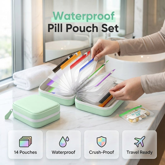 💊👜 50% KORTING! Ziet eruit als een chique portemonnee, maar bewaart je pillen waterdicht en BPA-vrij. 7 zakjes voor de hele week, TSA-vriendelijk, en niemand die het ziet.