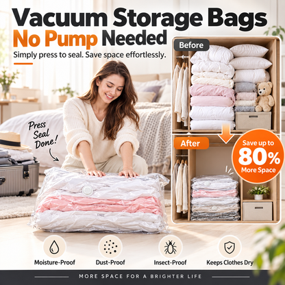 ⏳ALLEEN VANDAAG IN DE UITVERKOOP!🏆🧳Vacuümzakken zonder pomp – Gewoon dichtdrukken en klaar, geen pomp nodig. Bespaart 80% ruimte, houdt kleding droog en stofvrij. Perfect voor volumineus beddengoed en spullen die je buiten het seizoen niet gebruikt.