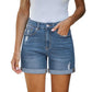 💖LAATSTE DAG UITVERKOOP 50% KORTING🩳Casual gescheurde denimshort voor dames, met hoge taille, verweerde look en omgeslagen zoom