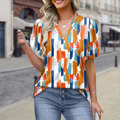 ✨Dames Geprinte V-hals T-shirt met Korte Mouwen