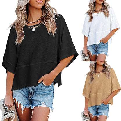 ⏰🎁Effen gekleurd losse patchwork T-shirt met vijf punten uitlopende mouwen