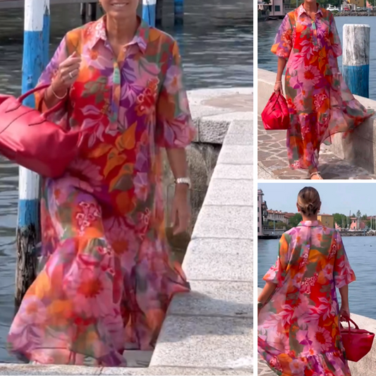 ⏰🎁Rode jurk van chiffon met bloemenprint