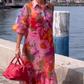 ⏰🎁Rode jurk van chiffon met bloemenprint