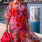 ⏰🎁Rode jurk van chiffon met bloemenprint