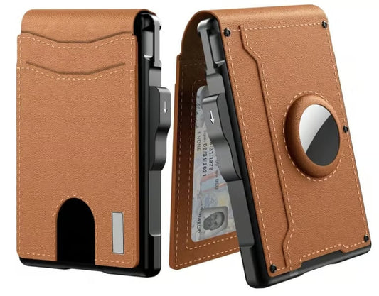 AirTag Wallet for Men - with Pop Up Aluminum Case Money Clip Slim Leather Slots Credit Card Holder RFID Blocking Bifold Minimalist Wallet