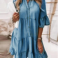 👗Zomerjurk met Franje en V-Hals - Lichte Denimlook