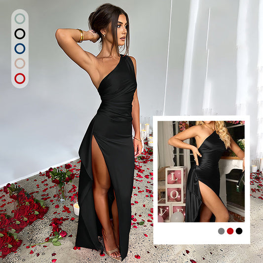 ⏰🎁Satin One Shoulder Drape Slit Maxi Dress