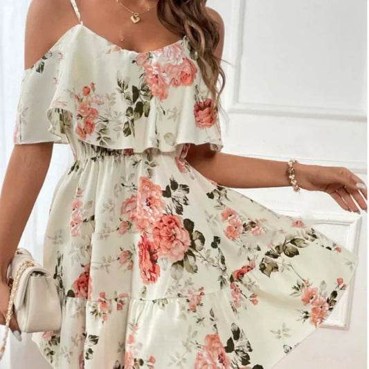 ⏰🎁Damesjurk in boho-stijl met bloemenprint en open schouders