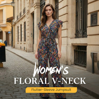 ⏰🎁Dames Jumpsuit met Bloemenprint, V-hals en Fladdermouwen