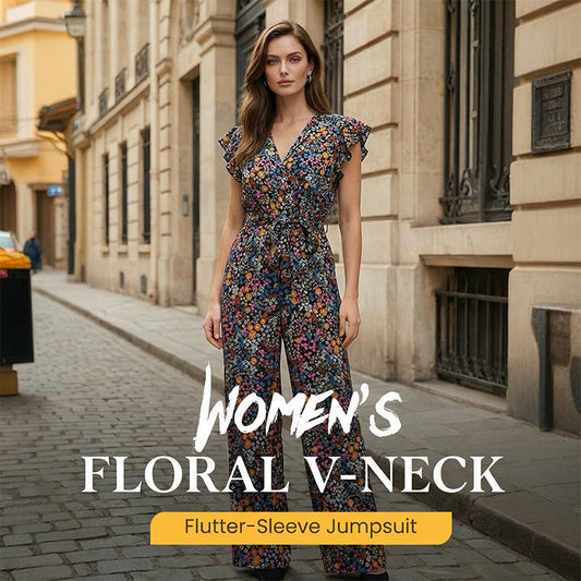 ⏰🎁Dames Jumpsuit met Bloemenprint, V-hals en Fladdermouwen