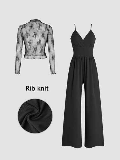 👍 Laatste dag: 50% korting 😻 Tweedelig setje voor dames: kanten top en jumpsuit met zakken