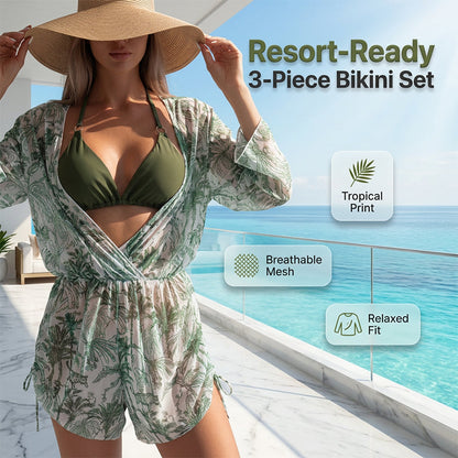 🎁⏰Driedelige bikiniset met doorschijnende jumpsuit/cover-up