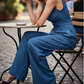 ⏰🎁Halter jumpsuit met V-hals en wijde pijpen – open rug