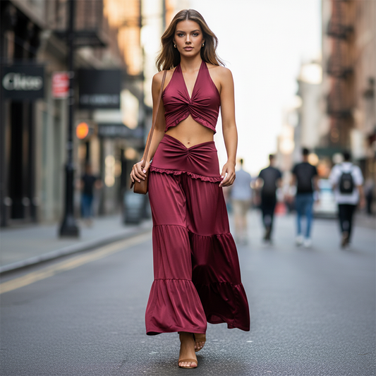 👗 NU 50% KORTING! 💖 Nieuwe collectie 2026 – Halternek-set van twee delen – Crop top & zwierige maxi-rok – Moeiteloos elegant ✨
