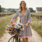📢📢50% KORTING !! ⏰De Bohemian-jurk met kanten rand: V-hals, lange mouwen, all-over print