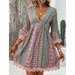 📢📢50% KORTING !! ⏰De Bohemian-jurk met kanten rand: V-hals, lange mouwen, all-over print