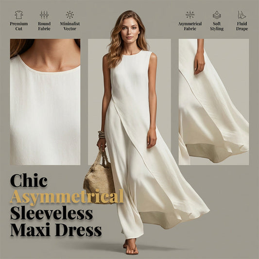 ✨ NIEUW! 👗 Asymmetrische Mouwloze Maxi Jurk – Luchtig, Elegant & Figuurvriendelijk 🌸