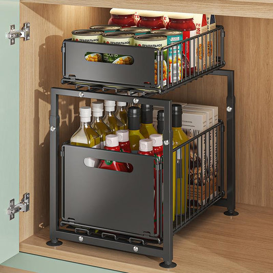 🥫🏠 50% KORTING! Van keuken tot badkamer: deze dubbellaagse stalen schap schuift je rommel naar je toe en zware flessen vallen nooit meer om. Zonder montage, in 1 minuut klaar!