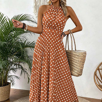 👗Nieuw Binnen 50% KORTING🍊 Retro Polkadot Halter Jurk – Vloeiende Geplooide Rok & Hoge Taille – Flatterend & Luchtig 🍋