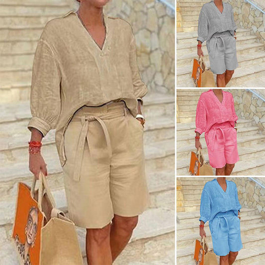 ☀️ Zomerse Casual Set voor Dames – V-hals Top & Short ✨ Comfort & Stijl in Één