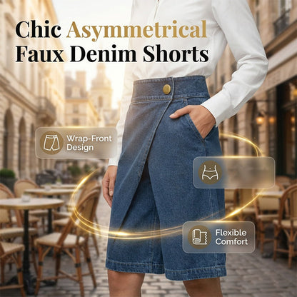 Asymmetrische Shorts Met Wijde Pijpen – Chique Imitatie Denim & Vintage Elegantie
