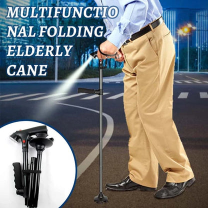 🦯 Multifunctionele opvouwbare wandelstok – met ingebouwd lampje, noodalarm, vierpotige voet en 5-traps hoogteverstelling✨