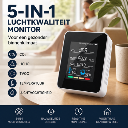 💥【LIMITED TIME 50% OFF】🔥 Luchtkwaliteitsmeter | 5-in-1: CO₂+HCHO+TVOC+Temperatuur+Vochtigheid | Real-time Nauwkeurig | Type-C Opladen | Zwart/Wit