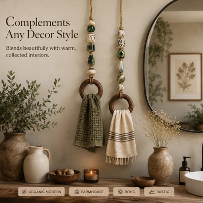 💧 2+1 GRATIS！！🏡 Decoratieve Handdoekhanger met Kralen & Houten Ring | Praktisch voor Keuken & Badkamer | Handig Ophangen met een Warme, Natuurlijke Look