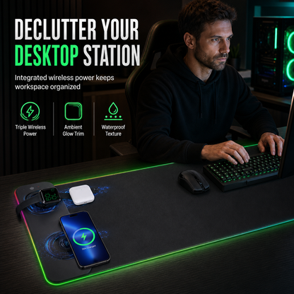 🎮 RGB Gaming Bureaumat met Draadloos Opladen & USB-C/USB-A Oplaadpoorten – XXL 800×300×4mm | 60% KORTING! ✨