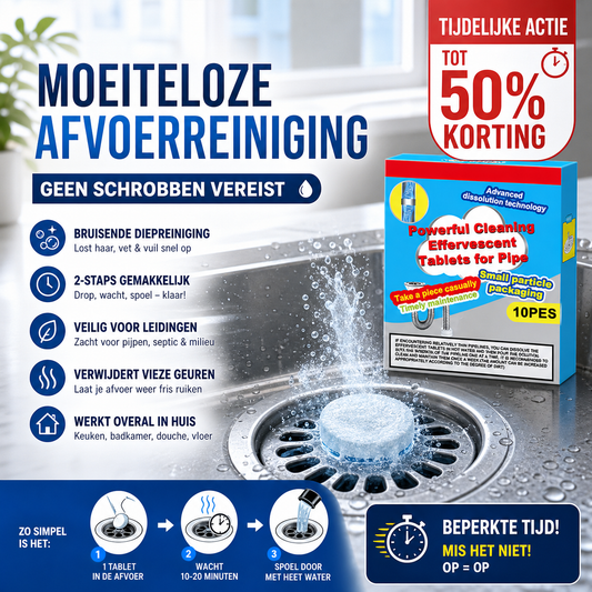 50% KORTING ❤️Krachtige Reinigende Bruistabletten voor Afvoer, Lost Haar & Vet Verstoppingen Snel Op, Geurverwijderend Antibacterieel Afvoerreiniging voor Gootsteen Toilet Vloer